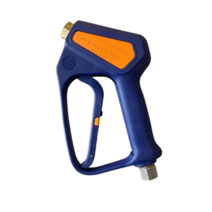 pistolet bleu et orange avec une poignée bleu entrée en inox et sortie en laiton