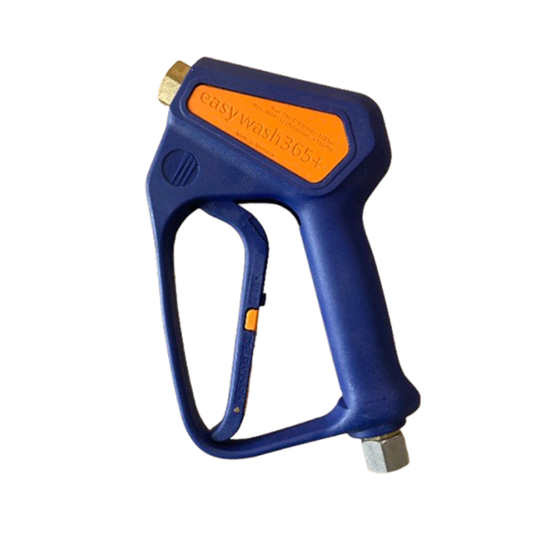 pistolet bleu et orange avec une poignée bleu entrée en inox et sortie en laiton