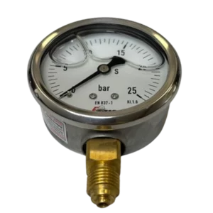 Manomètre radial inox 0-25 bar M¼", Ø 63mm cadre en inox, bulle dans le manomètre qui montre la glicérine la fleche de manomètre est sur le 0, gradué de 0 à 25. raccord en laiton