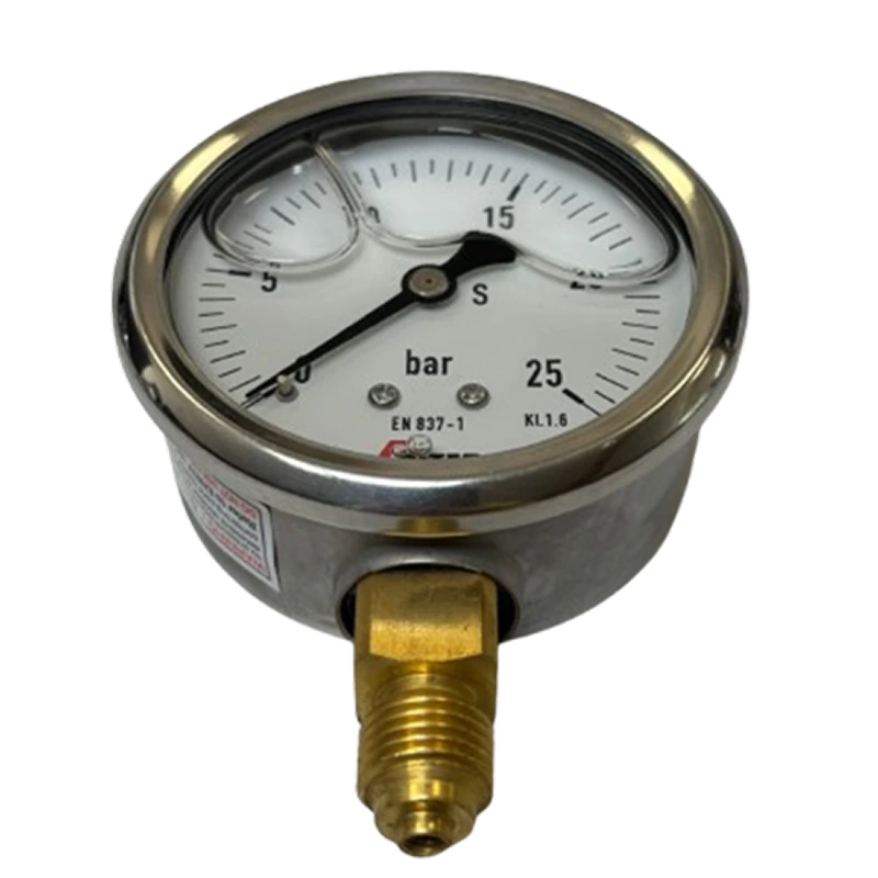 Manomètre radial inox 0-25 bar M¼", Ø 63mm cadre en inox, bulle dans le manomètre qui montre la glicérine la fleche de manomètre est sur le 0, gradué de 0 à 25. raccord en laiton