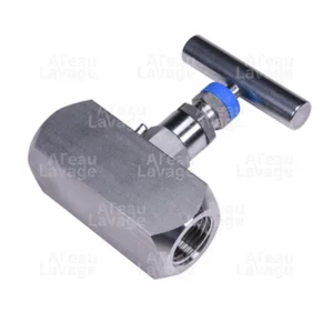 Vanne à pointeau 1/2 inox 316L 400 BAR avec des coins afiné et une bague bleu au niveau du robinet en t